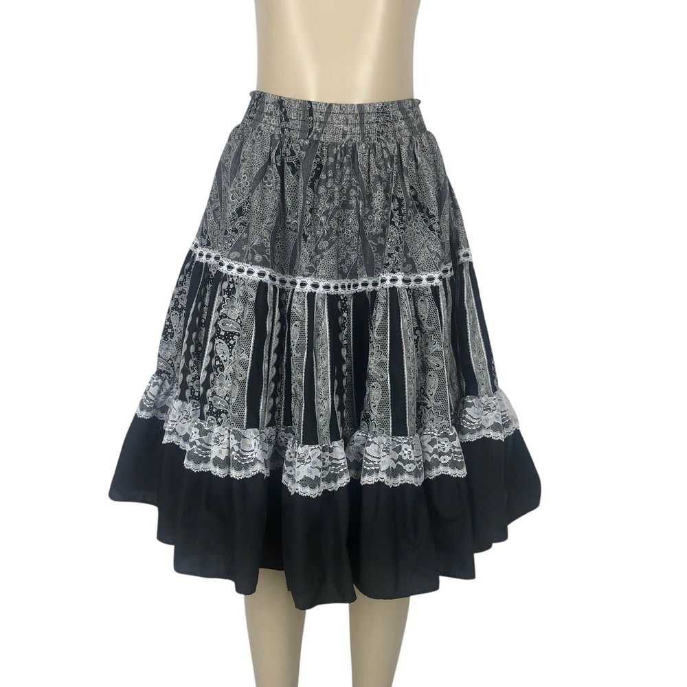 Vintage Square Up Lace Trim Tiered Circle Skirt XXXL Western Coquette Gothic Emo